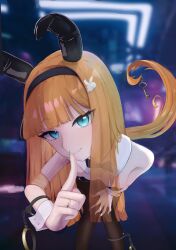 Rule 34 | 1girl, absurdres, alternate costume, animal ears, bare shoulders, bent over, black hairband, black leotard, black pantyhose, blue eyes, blunt bangs, closed mouth, ear covers, finger to mouth, green nails, hairband, highres, horse ears, horse girl, horse tail, leotard, long hair, nontraditional playboy bunny, orange hair, pantyhose, queensalmon221, shushing, silence suzuka (umamusume), smile, solo, strapless, strapless leotard, tail, umamusume