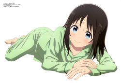 Rule 34 | 1girl, absurdres, aquastar inc., black hair, blue eyes, closed mouth, collarbone, copyright name, copyright notice, green pajamas, hana wa saku shura no gotoku, haruyama hana, head tilt, highres, light blush, long hair, looking at viewer, lying, magazine scan, megami magazine, official art, on stomach, pajamas, raised eyebrows, scan, simple background, smile, solo, white background