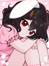 1girl animal_ears artist_name black_hair carrot_hair_ornament closed_mouth dress floppy_ears food-themed_hair_ornament hair_ornament highres inaba_tewi light_blush looking_at_viewer medium_hair pink_dress puffy_short_sleeves puffy_sleeves rabbit_ears rabbit_girl red_eyes ribbon-trimmed_sleeves ribbon_trim short_sleeves solo touhou upper_body vickie_(cryingrobot)