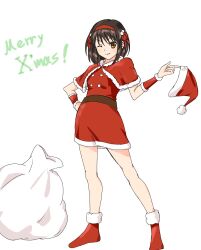Rule 34 | ;), belt, brown belt, brown eyes, brown hair, capelet, dress, fur-trimmed capelet, fur-trimmed headwear, fur-trimmed socks, fur trim, hair ribbon, hairband, hand on own hip, hand warmer, hat, highres, holding, holding unworn clothes, holding unworn hat, invisible floor, knees, merry christmas, on finger, one eye closed, red capelet, red hairband, red hat, red ribbon, red socks, ribbon, sack, santa costume, santa dress, santa hat, short hair, simple background, smile, socks, standing, suzumiya haruhi, suzumiya haruhi no yuuutsu, unworn hat, unworn headwear, waka 849, white background