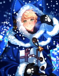 Rule 34 | 1boy, absurdres, adjusting hood, alternate costume, animal ear hood, arthur pendragon (fate), bell, black mittens, blonde hair, blue background, blue jacket, blush, box, breath, christmas, commentary, fake animal ears, fate/prototype, fate (series), fur-trimmed hood, fur-trimmed jacket, fur-trimmed sleeves, fur trim, gift, gift box, green eyes, grin, highres, holding, holding gift, hood, hood up, hooded jacket, jacket, long sleeves, looking at viewer, male focus, mittens, neck bell, paw print, seseragi azuma, short hair, simple background, smile, snow, snowing, solo, upper body, winter clothes