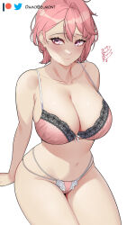 1girl blush bra breasts cleavage closed_mouth collarbone damobelmont dandadan floral_print highres large_breasts lingerie navel pink_bra pink_eyes pink_hair pink_thong shiratori_aira_(dandadan) short_hair solo stomach thick_thighs thighs underwear watermark white_background