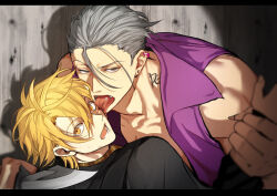Rule 34 | 2boys, bakshi christensen, bare shoulders, black jacket, blonde hair, blood, blood on face, collarbone, collared jacket, collared shirt, dagger, ear piercing, earrings, fangs, fingernails, giancarlo bourbon del monte, grey eyes, grey hair, hair between eyes, highres, holding, holding another&#039;s wrist, holding dagger, holding knife, holding weapon, jacket, jewelry, knife, letterboxed, licking, licking another&#039;s face, licking blood, looking at viewer, lucky dog 1, male focus, miyamoyan, multiple boys, muscular, muscular male, neck tattoo, open clothes, open jacket, open mouth, piercing, purple jacket, sharp fingernails, shirt, short hair, sleeveless, sleeveless jacket, striped clothes, striped shirt, sweat, tattoo, tongue, tongue out, tongue piercing, upper body, vertical-striped clothes, vertical-striped shirt, weapon, yaoi, yellow eyes, yellow shirt