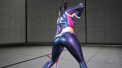 1girl 3d animated ass ass_focus audible_music black_jacket black_pants brown_hair cropped_jacket fatal_fury fatal_fury:_city_of_the_wolves female_focus fighting_stance game_screenshot hand_fan holding holding_fan jacket leather leather_jacket leather_pants long_hair pants ponytail shiranui_mai snk solo sound street_fighter street_fighter_6 tagme video