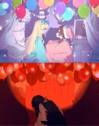 Rule 34 | 2girls, a4f9gybaah5219, absurdres, apricot (vocaloid), balloon, bedroom, before and after, black dress, black eyes, black hair, blonde hair, blue bow, blue dress, blue eyes, blush, bow, ceiling light, crossed arms, dress, hair bow, hair over shoulder, hat, head down, highres, indoors, iyowa girls, knees to chest, light bulb, light particles, long hair, low twintails, multiple girls, multiple views, nightcap, open mouth, pajamas, pajamy (character) (iyowa), pajamy (vocaloid), pants, party, pennant, pink hat, pink pajamas, pink pants, pink shirt, riko (iyowa), shirt, sitting, sleepover, smile, spotlight, string of flags, tearing up, television, twintails, white shirt