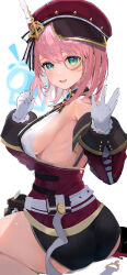 1girl absurdres aqua_eyes ass bare_shoulders belt black_panties black_ribbon blush bow bowtie breasts camera charlotte_(genshin_impact) commentary_request detached_sleeves dx_(xxer4838) feathers genshin_impact gloves hand_up hands_up hat highres jewelry long_sleeves looking_at_viewer medium_breasts medium_hair miniskirt monocle open_mouth panties pink_hair red_hat ribbon shirt sideboob sitting skirt smile solo spread_legs suspenders thighs underwear white_belt white_feathers white_gloves white_shirt