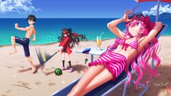 1boy 2girls adjusting_eyewear ahoge arima_miyako barefoot baseball_bat beach bikini black_hair black_socks blindfold blue_shorts blue_sky bow brown_hair cellphone cloud commentary_request cup day dead_apostle_noel_(tsukihime) drink drinking_glass drinking_straw eyewear_on_head food fruit glasses hair_between_eyes hair_bow heart heart-shaped_eyewear highres holding holding_baseball_bat jacket long_hair long_sleeves lying motion_blur multiple_girls noel_(tsukihime) ocean okuribi on_back outdoors phone pink_bikini pink_bow pink_eyes pink_hair pink_shoes red_jacket shoes short_hair shorts sky smartphone socks standing standing_on_one_leg striped_bikini striped_clothes sunglasses swimsuit tohno_shiki topless_male tsukihime watermelon