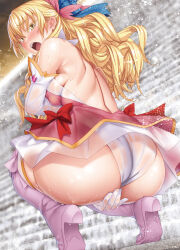 1girl absurdres ass ass_focus back backless_dress backless_outfit blonde_hair blush boots brick_wall covering_crotch covering_privates curvy dress elbow_gloves from_behind from_below gabriella_evangelista gloves hair_ribbon high_heel_boots high_heels highres kannatsuki_noboru long_hair looking_back magical_explorer nose_blush novel_illustration official_art open_mouth panties raised_inner_eyebrows ribbon ringlets second-party_source see-through_clothes see-through_panties shy snowing solo squatting tiptoes underwear water wet wet_clothes wet_panties yellow_eyes