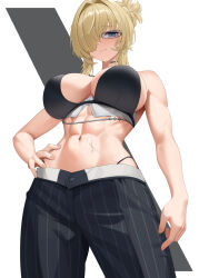 1girl abs black_pants blonde_hair blue_eyes breasts closed_mouth crop_top glasses goddess_of_victory:_nikke grave_(beautiful_you)_(nikke) grave_(nikke) hair_over_one_eye hand_on_own_hip highres large_breasts navel official_alternate_costume pants panty_straps ponytail scar scar_on_arm scar_on_stomach short_ponytail solo stomach wei_xiao