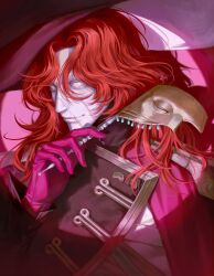 1boy absurdres aleph_(reverse:1999) black_cape cape covered_face gloves hand_up highres holding holding_mask long_hair male_focus mask milo_(milo_8142) official_alternate_costume pink_background red_gloves red_hair reverse:1999 solo spotlight unworn_mask upper_body white_mask