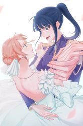 2girls black_hair blunt_bangs dancing dress earrings eye_contact glint hair_bun high_collar highres jewelry looking_at_another multiple_girls nami_(one_piece) nico_robin one_piece orange_hair pink_petals ponytail sidelocks simple_background smile sti77777 upper_body white_background white_dress