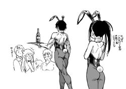 3boys 3girls akeuraji_tsukasa animal_ears ass breasts character_request commentary_request expressionless fake_animal_ears fake_tail greyscale highleg highleg_leotard highres holding holding_tray irokohaku kamisaki_hikaru leotard long_hair looking_at_another male_playboy_bunny medalist_(manga) monochrome multiple_boys multiple_girls muscular muscular_male pantyhose playboy_bunny ponytail rabbit_ears rabbit_tail small_breasts smile tail translation_request tray yodaka_jun yuitsuka_inori
