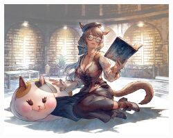 animal_ears book breasts brown_hair cat_ears cat_tail cleavage facial_mark fat_cat_(ff14) final_fantasy final_fantasy_xiv glasses green_eyes hat highres holding holding_book large_breasts library long_hair looking_at_viewer miqo&#039;te open_book ponytail round_eyewear shukei tail warrior_of_light_(ff14) whisker_markings