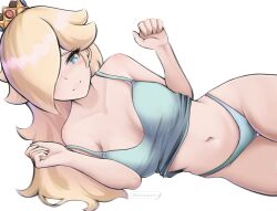 1girl bare_shoulders blonde_hair blue_eyes blue_panties blue_tank_top blush breasts crown hair_over_one_eye highres large_breasts long_hair looking_at_viewer mario_(series) midriff mourderousx navel nintendo panties rosalina simple_background smile solo super_mario_galaxy tank_top underwear