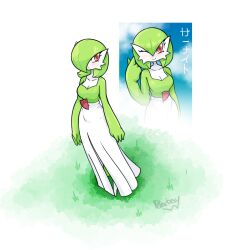 Rule 34 | 1girl, arm at side, arms at sides, artist name, blush, bob cut, breasts, character name, cleavage, closed mouth, collarbone, colored skin, expressionless, female focus, finger heart, full body, gardevoir, gen 3 pokemon, grass, green hair, green skin, hair between eyes, hair over one eye, hand up, happy, highres, japanese text, looking at viewer, looking to the side, medium breasts, multicolored skin, multiple views, nintendo, one eye closed, one eye covered, outdoors, pearboy-ooh, pokemon, pokemon (creature), short hair, sideways glance, signature, smile, split mouth, standing, translated, two-tone skin, white background, white skin, wink
