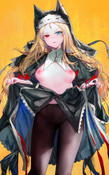 Rule 34 | 1girl, archetto (arknights), archetto (glory of the devout) (arknights), arknights, black pantyhose, blonde hair, breasts, clothes lift, commentary request, crotch seam, feet out of frame, forehead, heterochromia, highres, lifting own clothes, long hair, long sleeves, looking at viewer, nipples, no panties, nun, official alternate costume, open mouth, orange background, pantyhose, shrug (clothing), simple background, skirt, skirt lift, small breasts, solo, standing, v-shaped eyebrows, veil, very long hair, yuuki mix