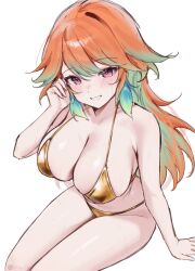 1boy 1girl bikini breasts earrings feather_earrings feathers gold_bikini gradient_hair green_hair highres hololive hololive_english jewelry large_breasts long_hair looking_at_viewer miyuchiq multicolored_hair orange_hair purple_eyes simple_background sketch smile solo swimsuit takanashi_kiara virtual_youtuber white_background