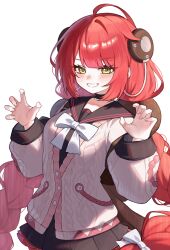 1girl absurdres black_choker black_sailor_collar black_skirt bow braid breasts cable cardigan chest_bow choker claw_pose commentary cowboy_shot fingernails green_eyes grin hair_bow hair_ornament hands_up highres long_hair long_sleeves looking_at_viewer nhom_(woogi) pink_cardigan pleated_skirt red_hair sailor_collar sidelocks simple_background skirt smile solo twin_braids ukinami_yuzuha white_background white_bow zenless_zone_zero