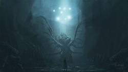 1other alien ambiguous_gender artist_name bloodborne blue_theme boots brown_gloves cave coat commentary copyright_name ebrietas_daughter_of_the_cosmos eldritch_abomination extra_arms facing_away fog from_behind gloves hat highres hunter_(bloodborne) light light_rays looking_up monster pillar ruins scenery skeletal_wings slug standing tentacles tricorne tripdancer wings