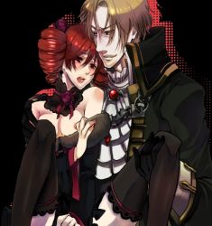 1boy 1girl amy_sorel breasts brown_hair drill_hair gothic_lolita lolita_fashion namco nipples raphael_sorel red_hair senbe_(motimotio) soul_calibur thighhighs