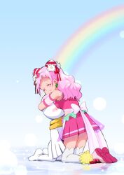 Rule 34 | 1girl, 1other, bad id, bare shoulders, blue background, blush, bow, breast press, closed eyes, coattails, commentary request, cure yell, detached sleeves, double bun, gradient background, hair bun, hair ribbon, hug, hugtto! precure, kneeling, leaning forward, long hair, midriff, nono hana, on ground, pink hair, pink shirt, pink shoes, pink skirt, pleated skirt, precure, rainbow, red ribbon, ribbon, shirt, shoes, skirt, sleeveless, sleeveless shirt, smile, thighhighs, wavy hair, white bow, white sleeves, white thighhighs, yakizakana (yakizakana10967), zettai ryouiki