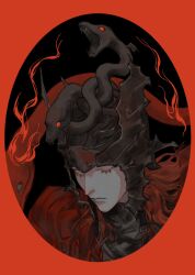 Rule 34 | 1boy, black snake, closed mouth, commentary, elden ring, elden ring: shadow of the erdtree, eyelashes, fangs, hashtag-only commentary, helmet, highres, llalilalita, long hair, looking to the side, male focus, messmer the impaler, one eye closed, open mouth, red background, red eyes, red hair, red snake, sideways glance, snake, solo, yellow eyes
