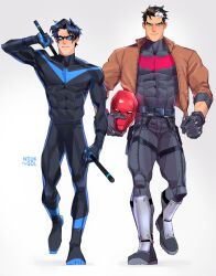 Rule 34 | bat signal, batman (series), batman symbol, black bodysuit, black gloves, black hair, blue eyes, bodysuit, brothers, brown jacket, dc comics, dick grayson, domino mask, gloves, grey bodysuit, holding, jacket, jason todd, male focus, mask, multicolored hair, multiple boys, muscular, muscular male, neukgol, nightwing, open clothes, pants, red hood (dc), red hood and the outlaws, red mask, shirt, short hair, siblings, superhero costume, taut bodysuit, two-tone bodysuit, two-tone hair