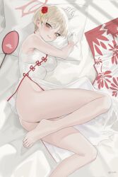 1girl absurdres armpit_crease bare_shoulders barefoot bed_sheet blonde_hair blue_archive blush breasts china_dress chinese_clothes closed_mouth commentary_request dress eyeliner floral_print_dress gloves halo hand_fan highres large_breasts legs looking_at_viewer lying makeup marina_(blue_archive) marina_(qipao)_(blue_archive) medium_breasts no_panties no_shoes official_alternate_costume on_bed on_side pelvic_curtain print_dress red_halo short_hair sleeveless sleeveless_dress soles solo thighs toes toulalan white_dress white_gloves yellow_eyes