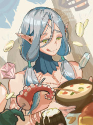 1boy alcohol beer blue_hair coin doseki89 dungeon_meshi elf food gem gold_coin green_eyes high_collar highres lysion notched_ear pointy_ears skewer slit_pupils solo_focus soup tattoo tongue tongue_out twintails