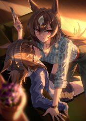 2girls absurdres animal_ears belt black_shorts blue_jacket blurry blurry_foreground breasts brown_hair cleavage clothing_cutout couch ears_through_headwear green_pants green_shirt grey_jacket gul_(parfaitgul) highres holding holding_knife hood hoodie horse_ears horse_girl horse_tail jacket knife long_hair looking_at_viewer medium_breasts multiple_girls nakayama_festa_(umamusume) neck pants parted_lips pink_eyes plant potted_plant red_eyes shirt shorts sirius_symboli_(umamusume) sitting smile tail tail_through_clothes umamusume v-shaped_eyebrows white_hoodie yuri