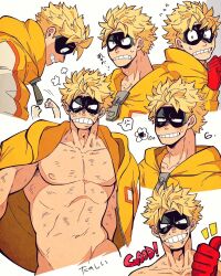1boy abs anger_vein angry animal_hands annoyed bara biceps blonde_hair blush boku_no_hero_academia cat_paws collarbone commentary_request convenient_censoring english_text fat_gum_(boku_no_hero_academia) flying_sweatdrops gloves grin highres injury jacket looking_at_viewer looking_to_the_side masked monu multiple_views muscular muscular_male navel nipples pectorals red_gloves smile speech_bubble spoken_anger_vein spoken_squiggle squiggle superhero_costume sweatdrop thumbs_up toned toned_male topless_male yellow_jacket