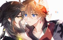 2boys bad_id bad_twitter_id black_gloves black_hair blue_eyes brown_hair closed_mouth collarbone crying crying_with_eyes_open earrings genshin_impact gloves hair_between_eyes hand_on_own_face jacket jewelry long_hair male_focus mask mask_on_head multicolored_hair multiple_boys open_mouth orange_hair ponytail short_hair simple_background single_earring sssss2222 sweatdrop tartaglia_(genshin_impact) tears white_background yellow_eyes zhongli_(genshin_impact)