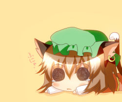 1girl animal_ears black_eyes brown_hair cat_ears cat_girl cat_tail chen chibi earrings female_focus hat image_sample jewelry noiz open_mouth pixiv_sample short_hair simple_background solid_circle_eyes tail tears touhou