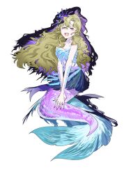 Rule 34 | 1girl, bare arms, bare shoulders, blonde hair, blue dress, blue nails, blue tube top, closed eyes, coral hair ornament, dress, fang, full body, highres, long dress, long hair, mermaid, midriff, monster girl, official alternate costume, open mouth, purple veil, reverse:1999, roru (5viaz8yjoo43874), scales, solo, strapless, tube top, veil, very long hair, vila (reverse:1999), white background