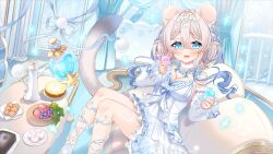 1girl :3 animal_ears blonde_hair blue_eyes blue_hair blue_nails blurry blush braid breasts detached_sleeves dress fingernails first_stage_production food frilled_dress frills fruit gradient_hair grapes hair_between_eyes hair_intakes highres holding ko_yu looking_at_another multicolored_hair nilim_snowmelt official_art peach plate sitting sleeves_past_wrists solo sparkle tail teapot teeth tongue upper_teeth_only virtual_youtuber white_dress white_sleeves