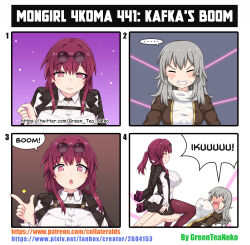 ... 1futa 1girl 4koma absurdres black_coat black_skirt blush breasts clenched_teeth closed_eyes coat comic english_text eyewear_on_head futa_with_female futanari girl_on_top greenteaneko grey_hair highres honkai:_star_rail honkai_(series) kafka_(honkai:_star_rail) large_breasts long_hair mixed-language_commentary open_mouth pantyhose purple_eyes purple_hair purple_pantyhose shirt skirt smile spoken_ellipsis stelle_(honkai:_star_rail) sunglasses teeth trailblazer_(honkai:_star_rail) twitter_username white_shirt yuri