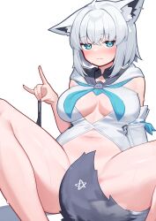 1girl absurdres ahoge animal_ear_fluff animal_ear_piercing animal_ears aqua_eyes aqua_neckerchief blush bottomless breasts breasts_apart closed_mouth commentary_request crossed_bangs deaver detached_sleeves fox_ears fox_girl fox_shadow_puppet fox_tail groin hair_between_eyes highres holding holding_panties holding_underwear holding_unworn_clothes hololive hood hood_down hoodie knees_up large_breasts looking_at_viewer m_legs navel neckerchief paid_reward_available panties shirakami_fubuki shirakami_fubuki_(1st_costume) shirt short_hair simple_background single_ear_down sitting solo stomach strapless strapless_shirt sweat tail tail_censor thighs underwear unworn_panties virtual_youtuber white_background white_hoodie white_shirt white_sleeves