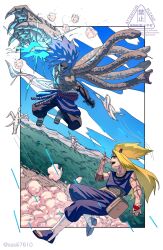 Rule 34 | 2boys, black pants, black sclera, blonde hair, blue hair, border, chidori (naruto), colored sclera, colored skin, deidara (naruto), electricity, extra mouth, fishnet top, fishnets, grey skin, highres, kuji-in, long hair, male focus, midair, multiple boys, naruto (series), naruto shippuuden, pants, revision, sharingan, snake, sssiii7610, stitches, tongue, tongue out, topless male, uchiha sasuke, watermark, white border