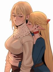 2girls absurdres blonde_hair blue_dress blush braid breasts choker closed_mouth commentary dress dungeon_meshi elf falin_touden falin_touden_(tallman) feathers hair_ribbon half_up_braid highres hug hug_from_behind large_breasts marcille_donato multiple_girls paw_(286456) pointy_ears red_choker red_ribbon ribbon shirt simple_background smile symbol-only_commentary white_background white_shirt yellow_eyes yuri
