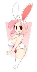 1girl :d absurdres animal_ear_fluff animal_ears black_eyes bow bow_panties bra breasts choker commentary english_commentary fiz_(fizintine) fizintine foreshortening from_above from_side highres large_breasts looking_at_viewer medium_hair no_pupils open_mouth original panties pink_hair rabbit_ears rabbit_tail red_bow smile solo tail teeth thighhighs underwear underwear_only upper_teeth_only white_bra white_choker white_panties white_thighhighs