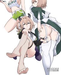 1girl ass breasts brown_hair cleavage dress fishnet_thighhighs fishnets from_behind green_dress green_eyes green_shorts highres indie_virtual_youtuber invisible_chair kaffsu large_breasts multiple_views nimi_nightmare shorts simple_background sitting tank_top thighhighs virtual_youtuber white_background white_tank_top