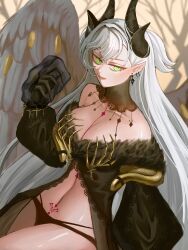 1girl absurdres aedh076 black_panties breasts commentary demon_girl demon_horns demon_wings english_commentary fate/grand_order fate_(series) green_eyes grey_hair grey_wings highres horns large_breasts lilith_(fate) lilith_(third_ascension)_(fate) long_hair panties sitting skeletal_hand snake solo underwear wings