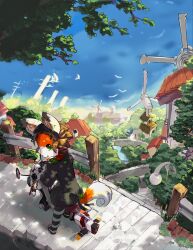 1girl 2008 absurdres animal_ears bird black_dress boat brick_road brown_hair chimney dress faia_the_spirit_fox forest fox fox_ears fox_girl fox_tail from_above from_behind furry furry_female green_eyes green_sweater highres house lamppost long_sleeves looking_at_viewer looking_back looking_up motor_vehicle motorcycle nature ocean orange_fur outdoors parking_lot photoshop_(medium) pier railing road rooftop sailboat scenery seagull seaside solo spirit_animals_in_disguise stairs sweater tail tree tyson_tan van watercraft windmill