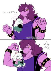 1boy 1girl ^_^ animal_ears armlet bracelet clinging closed_eyes colored_sclera colored_skin deltarune fewer_digits fingernails furry furry_female furry_male glasses goat_boy goat_ears highres jewelry lifting_person medium_hair mini_person miniboy miz7xf open_mouth pink_nails pink_scarf pink_skin purple_hair purple_shirt ralsei round_eyewear scarf sequential sharp_fingernails shirt size_difference smile spiked_armlet spiked_bracelet spikes squiggle susie_(dark_world)_(deltarune) susie_(deltarune) upper_body yellow_sclera