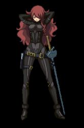 adjusting_hair animated animated_gif atlus belt bodysuit bouncing_breasts breasts gun hair_over_one_eye hair_strand high_heels holster kirijou_mitsuru large_breasts long_hair lowres megami_tensei persona persona_3 persona_4 persona_4:_the_ultimate_in_mayonaka_arena pixel_art red_hair sheath sheathed shin_megami_tensei simple_background sword thigh_strap weapon