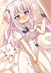 1girl @_@ between_legs blue_archive breasts capelet commentary dress hair_bun halo hand_between_legs hayasaka_(neoneet) highres large_breasts mika_(blue_archive) open_mouth peeing peeing_self pink_hair pink_halo purple_eyes single_side_bun solo white_capelet white_dress white_wings wings