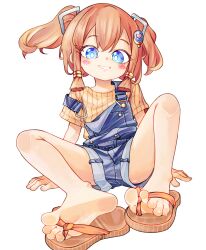 1girl blue_eyes blue_overalls chaosexceed commentary full_body grin highres looking_at_viewer orange_hair original overalls paid_reward_available parted_lips sandals shirt short_hair short_sleeves simple_background sitting smile soles solo spread_legs teeth toes twintails white_background yellow_shirt