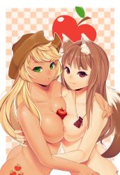 2girls absurdres animal_ears apple applejack arm_around_shoulder ass ass_tattoo between_breasts blonde_hair body_freckles breast_press breasts brown_hair cleavage cowboy_hat crossover cutie_mark fang female_focus fingernails food freckles fruit green_eyes hat highres holo hug large_breasts lips long_fingernails long_hair looking_at_viewer loyproject medium_breasts multiple_girls my_little_pony my_little_pony:_friendship_is_magic nipples nude open_m/ personification puckered_lips red_eyes smile spice_and_wolf symmetrical_docking tail tattoo trait_connection wolf_ears wolf_tail