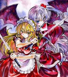 Rule 34 | 2girls, apron, back-to-back, beads, blonde hair, blue eyes, collared shirt, dress, hair beads, hair ornament, highres, holding, holding sword, holding weapon, kabaji, long hair, maid apron, maid headdress, multiple girls, purple wings, red dress, red shirt, ribbon, serious, shinki (touhou), shirt, short sleeves, sword, touhou, touhou (pc-98), traditional media, very long hair, waist ribbon, weapon, white hair, white ribbon, white trim, wide sleeves, wings, yellow eyes, yumeko (touhou)