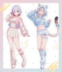 2girls ;d alternate_costume animal_ear_fluff animal_ears animal_hood aqua_eyes belt blue_border blue_bow blue_eyes blue_hood blue_pupils blue_ribbon blush border bow cat_ears cat_girl cat_hood cat_tail cipher_(honkai:_star_rail) closed_mouth colored_inner_hair crop_top full_body grey_hair hair_between_eyes hair_ornament hairclip highres honkai:_star_rail honkai_(series) hood hood_up jacket long_sleeves medium_hair midriff multicolored_hair multicolored_tail multiple_girls navel one_eye_closed open_mouth pochimaru_(marumaru_wanwan) red_hair ribbon shirt shoes short_hair shorts simple_background skirt smile standing streaked_hair sweater_jacket tail thighhighs topaz_(honkai:_star_rail) white_hair white_shirt white_shoes white_shorts white_skirt white_thighhighs